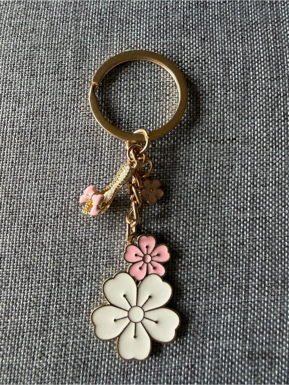 Gold-Tone Pink & White Floral Keyring Charm